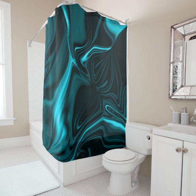 Curves in dark turquoise blue, deep sky or cyan shower curtain (In Situ)