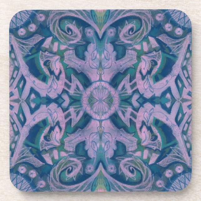 Curves & Lotuses, abstract pattern lavender & blue Coaster (Front)