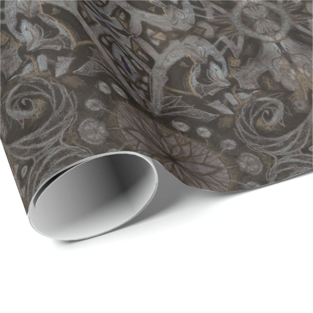Curves & Lotuses damask taupe charcoal black brown Wrapping Paper (Roll Corner)