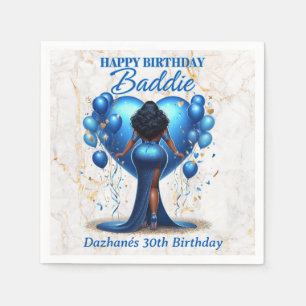 Curvy African American Woman Blue Glam Birthday Napkin