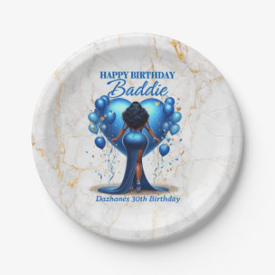 Curvy African American Woman Blue Glam Birthday  Paper Plate