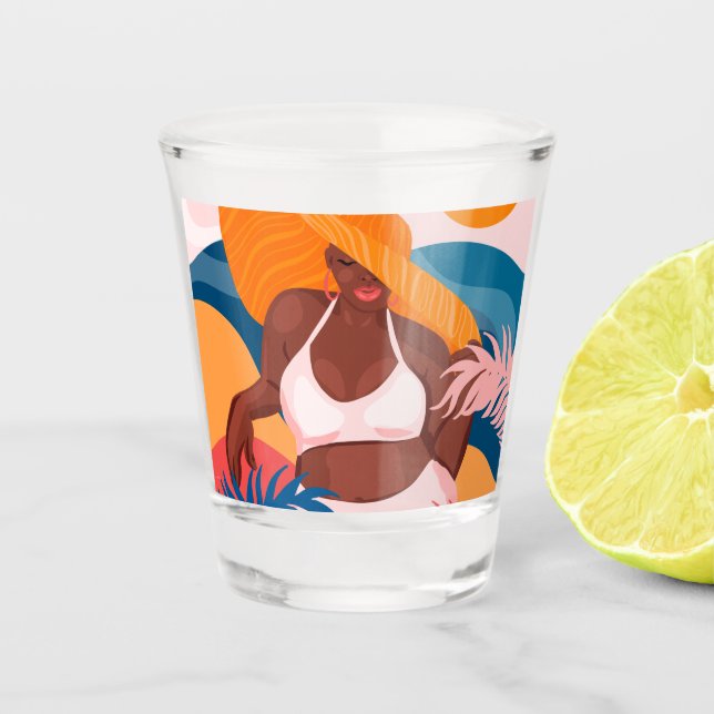 Curvy Black Woman, Beach Vacation Ready, Colourful Shot Glass (Front)