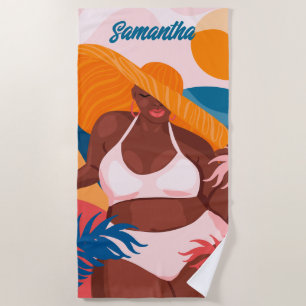 Curvy Black Woman, Beach Vacation Ready, Name Beach Towel