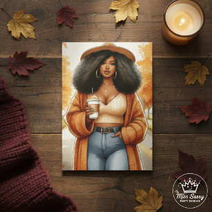 Curvy Black Woman Cosy Fall Coffee Thanksgiving Card
