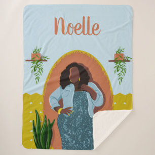 Curvy, Black Woman, Houseplants, Mustard & Blue Sherpa Blanket