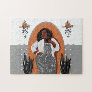 Curvy, Black Woman, Houseplants, Orange & Grey Jigsaw Puzzle