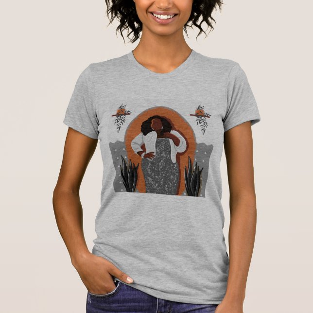 Curvy, Black Woman, Houseplants, Orange & Grey T-Shirt (Front)