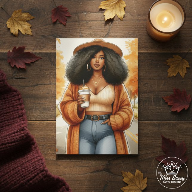 Curvy Cosy African American Woman Thanksgiving Card (Celebrate Thanksgiving with a chic Black woman card, cozy autumn leaves, warm vibes, and gratitude.)