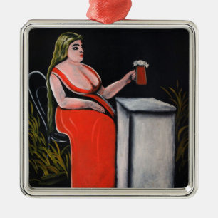 Curvy Woman with a Mug of Beer Metal Tree Decoration