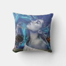 Cushion with woman in a dreamy scene 