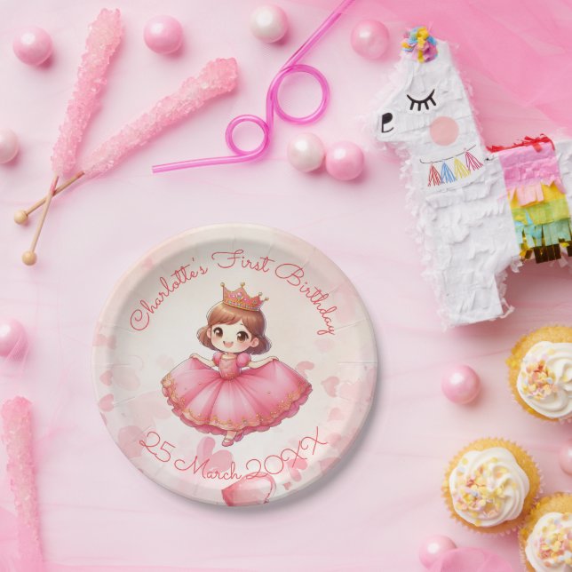 Custamisable Pink Princess Paper Plate (Party)