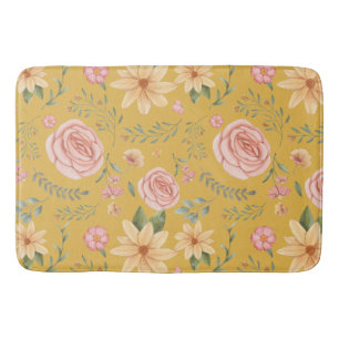 Custard Yellow Elegant Vintage Wildflower Pattern Bath Mat