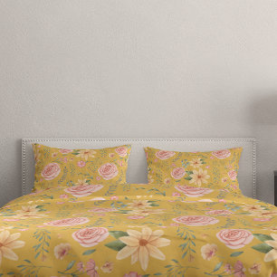 Custard Yellow Vintage Wildflower Rose Pattern  Pillowcase