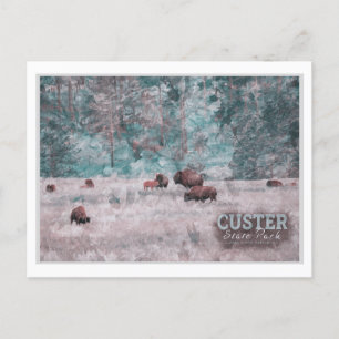 CUSTER SOUTH DAKOTA - HERD OF BISON WATERCOLOR POSTCARD