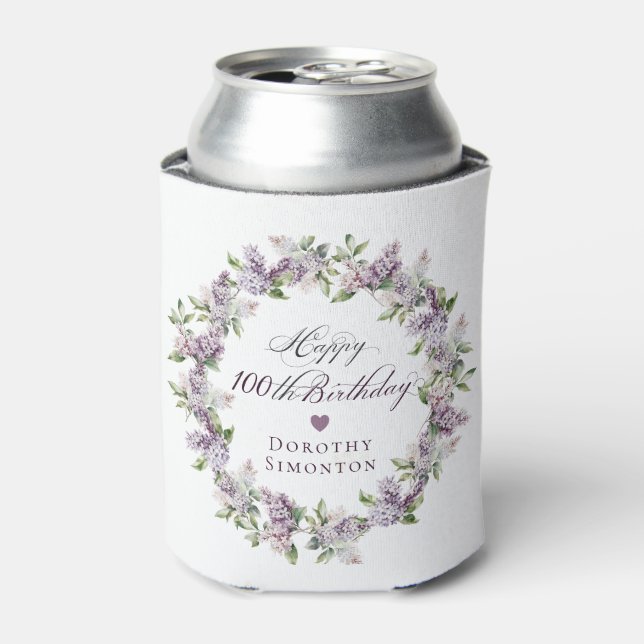 Custom 100th Birthday Purple Lilac Spring Flower Can Cooler (Can Front)
