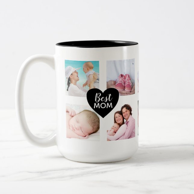 Custom 10 Photo Collage Best Mum Black Heart Two-Tone Coffee Mug (Left)