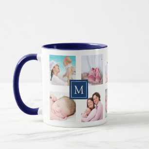 Custom 10 Photo Collage Dark Blue Monogram Mug