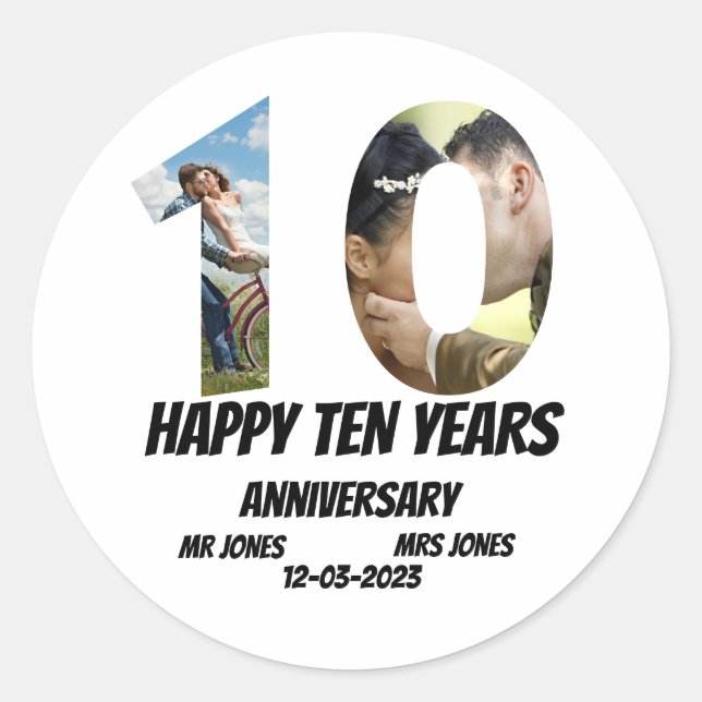 Custom 10 Years Anniversary 2 Photo collage  Class Classic Round Sticker (Front)