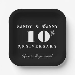 Custom 10th Anniversary script black white modern  Paper Plate