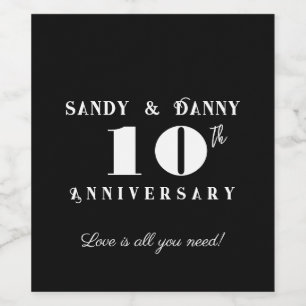 Custom 10th Anniversary script black white modern  Wine Label