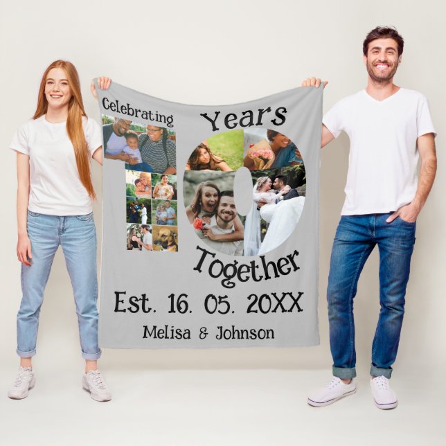 Custom 10th wedding anniversary 11 photo collage fleece blanket (In Situ)
