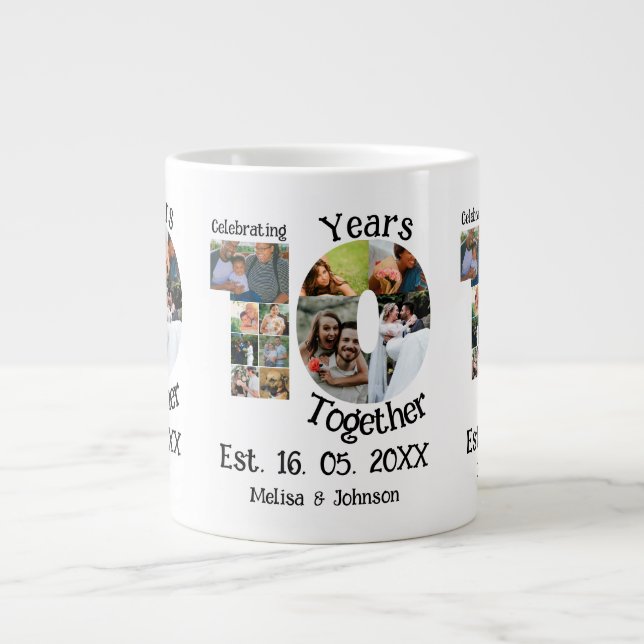 Custom 10th wedding anniversary 11 photo collage large coffee mug (Front)