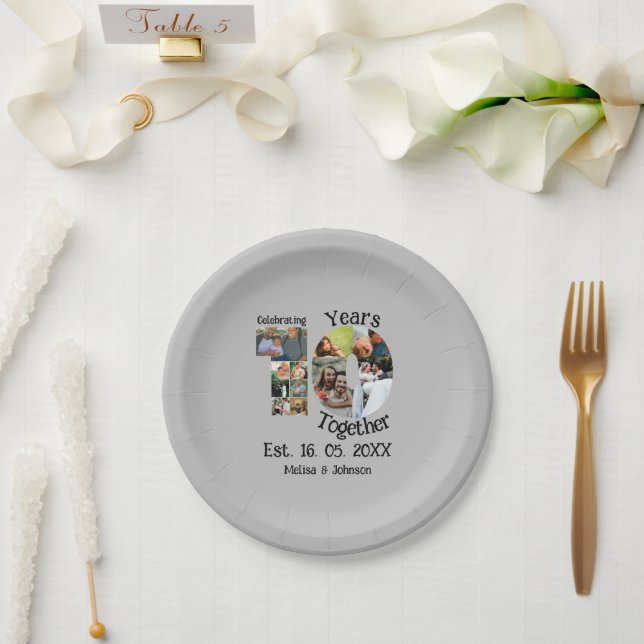 Custom 10th wedding anniversary 11 photo collage paper plate (Wedding)