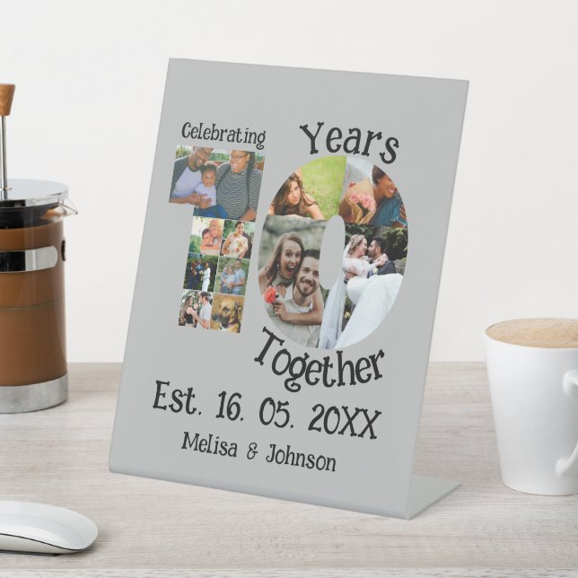 Custom 10th wedding anniversary 11 photo collage pedestal sign (In SItu)