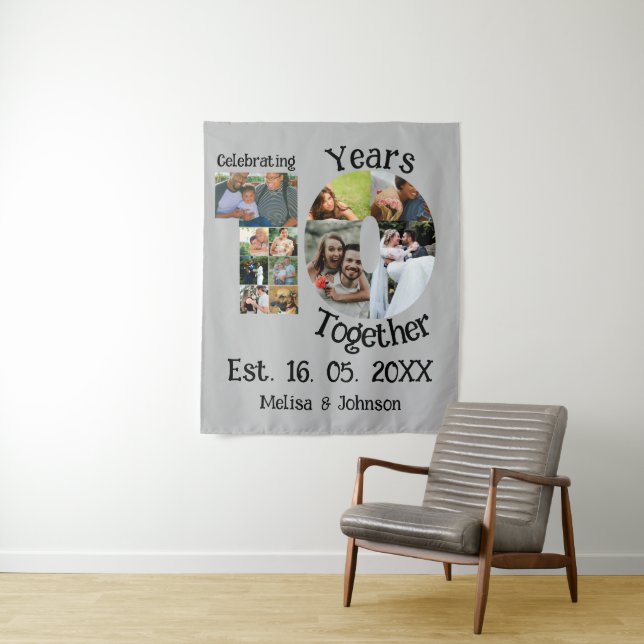 Custom 10th wedding anniversary 11 photo collage tapestry (In Situ)