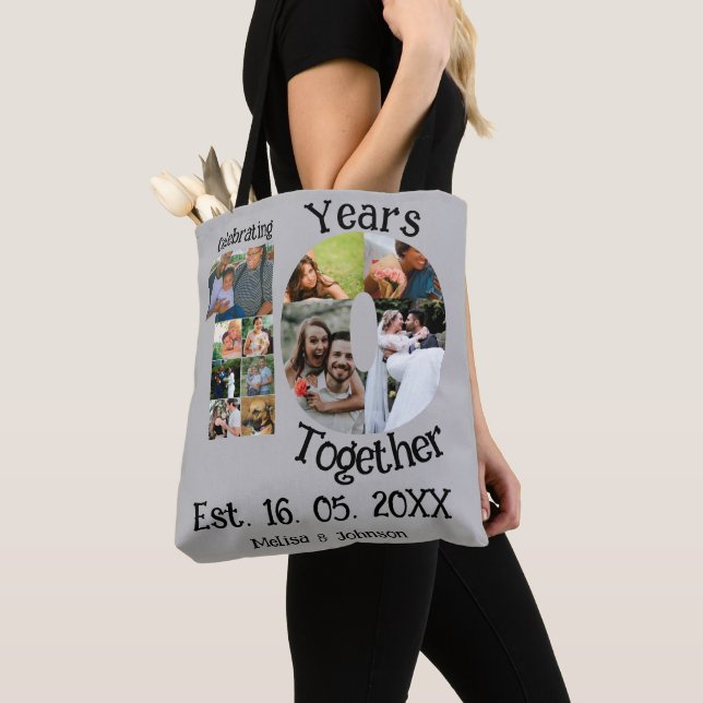 Custom 10th wedding anniversary 11 photo collage tote bag (Close Up)