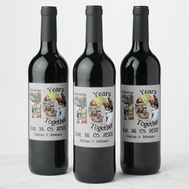 Custom 10th wedding anniversary 11 photo collage wine label (Bottles)