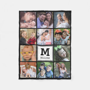 Custom 11 Photo Collage Family Name Monogram Black Fleece Blanket