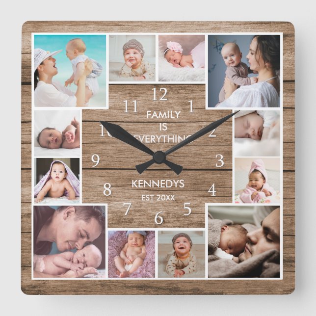 Custom 12 Family Photo Collage Reclaimed Wood Square Wall Clock (Front)