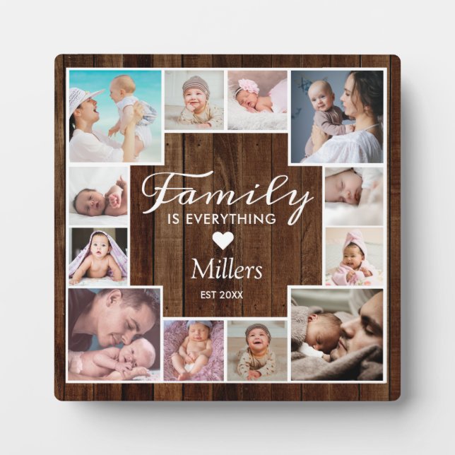 Custom 12 Family Photo Collage Rustic Brown Wood   Plaque (Front)