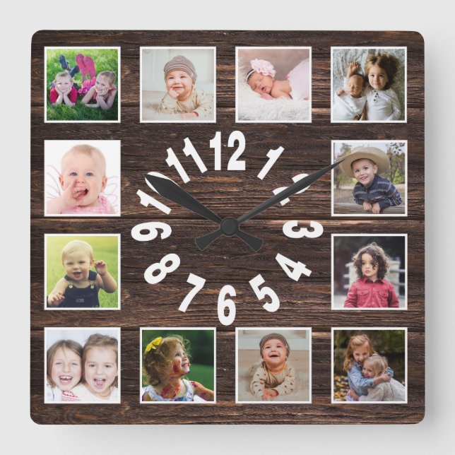 Custom 12 Family Photo Collage Rustic Farmhouse Square Wall Clock (Front)