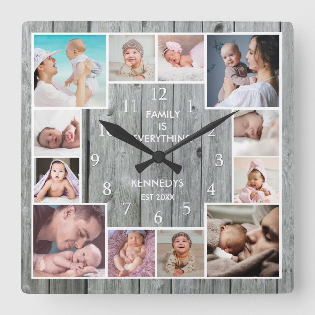 Custom 12 Family Photo Collage Rustic Grey Wood Square Wall Clock (Front)
