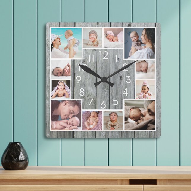 Custom 12 Family Photo Collage Rustic Grey Wood Square Wall Clock (Creator Uploaded)