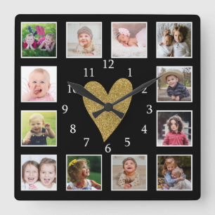 Custom 12 Photo Collage Black And Gold Heart Square Wall Clock