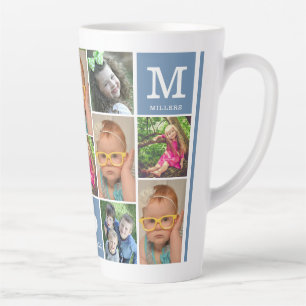 Custom 12 Photo Collage Blue Family Monogram   Latte Mug