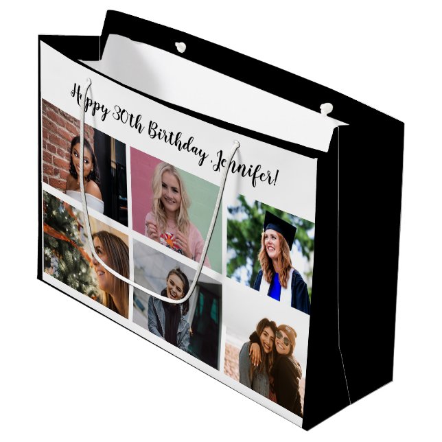 Custom 12 Photo Collage Custom Name Happy Birthday Large Gift Bag (Front Angled)