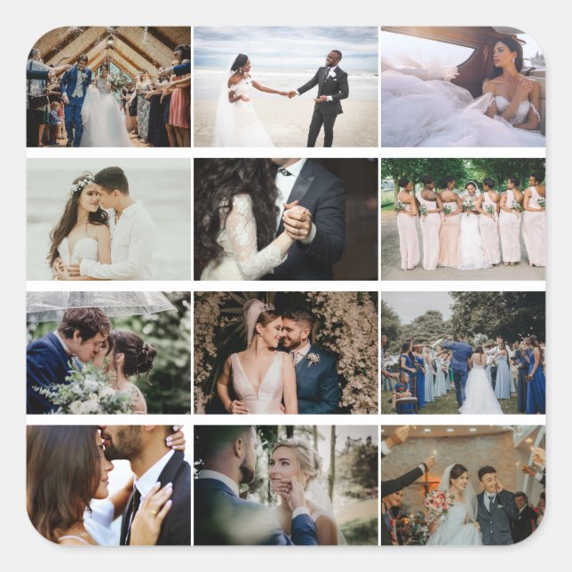 Custom 12 Photo Collage Family love Couple Wedding Square Sticker (Front)