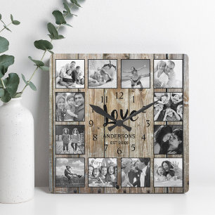 Custom 12 Photo Collage Family Love Reclaimed Wood Square Wall Clock