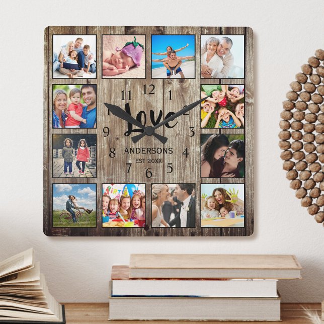 Custom 12 Photo Collage Family Love Reclaimed Wood Square Wall Clock (Creator Uploaded)