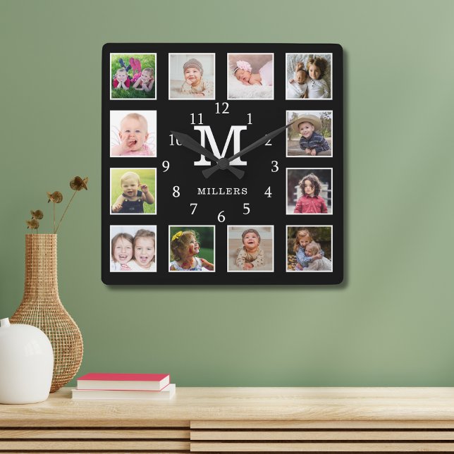 Custom 12 Photo Collage Family Name Monogram Black Square Wall Clock (Custom 12 Photo Collage Family Name Monogram Black Square Wall Clock)