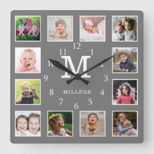 Custom 12 Photo Collage Family Name Monogram Grey Square Wall Clock