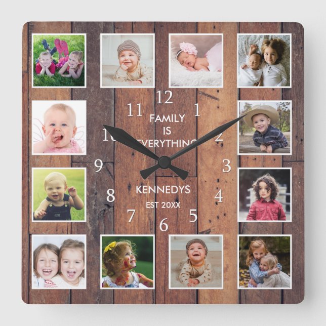 Custom 12 Photo Collage Family Quote Pallet Wood Square Wall Clock (Front)