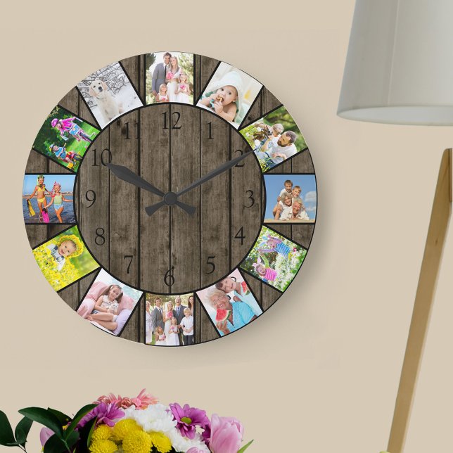Custom 12 Photo Collage Rustic Dark Wood Round Large Clock (Photo clock with 12 photos, one at each hour. Great design for your home or a thoughtful photo gift.)