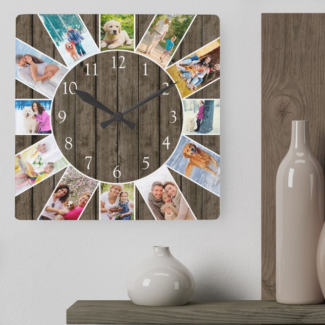 Custom 12 Photo Collage Rustic Dark Wood Square Wall Clock (Photo clock with 12 photos, one at each hour. Great design for your home or a thoughtful photo gift.)