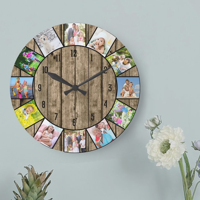 Custom 12 Photo Collage Rustic Natural Wood Round Large Clock (Photo clock with 12 photos, one at each hour. Great design for your home or a thoughtful photo gift.)