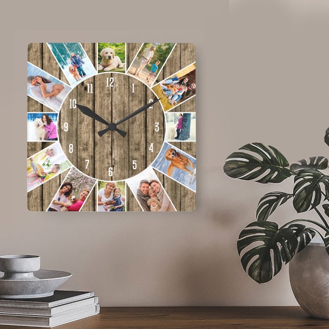 Custom 12 Photo Collage Rustic Natural Wood Square Wall Clock (Rustic sunburst of friends and family pictures around the clock)